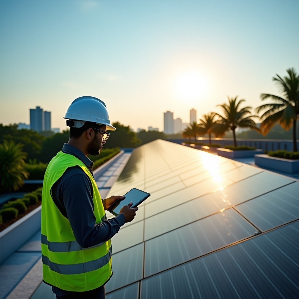 RP International Environmental Engineer Inspecting Commercial Solar Array and Building Telemetry