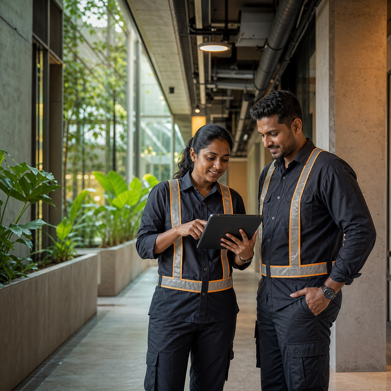 Two Sri Lankan facilities professionals reviewing a site checklist together
